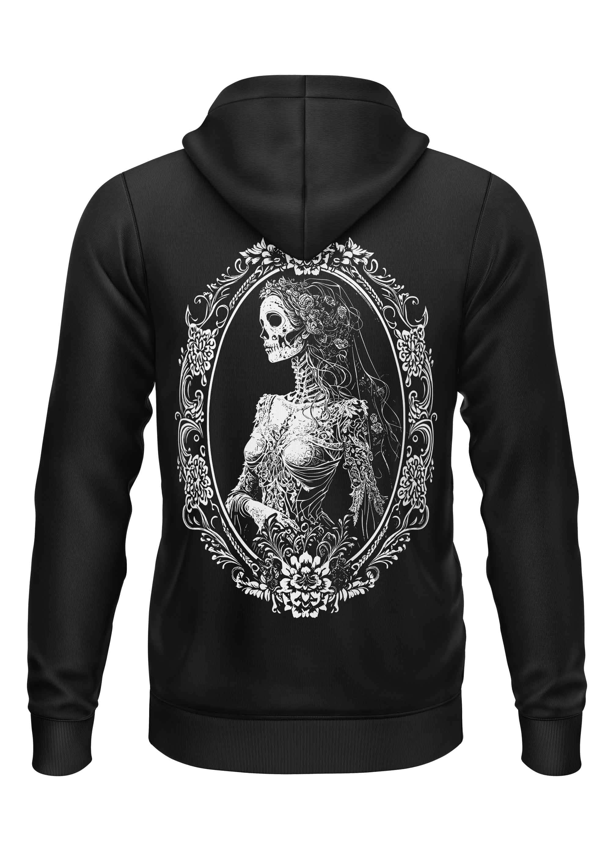 Schwarzer bitte hoodie mit weißem gothic horror skelett braut grafik im ornamentalen oval rahmen auf der rückseite